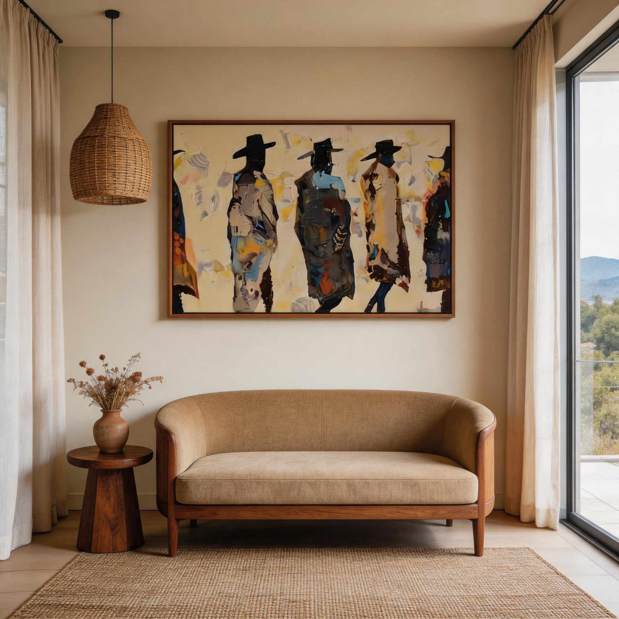 The Gathering — Abstract Figurative Canvas Wall Art with Hat-Wearing Figures #CP041