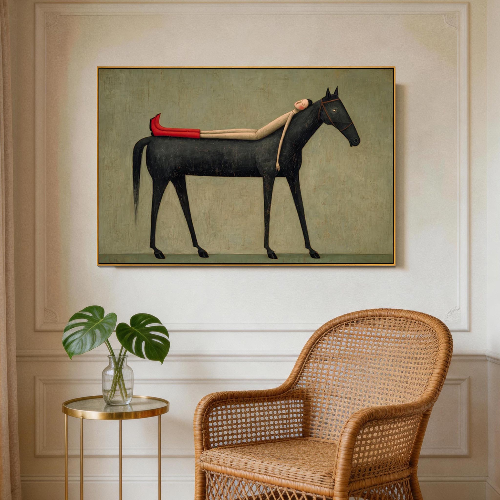 Carried — Woman & Black Horse Surrealist Canvas Wall Art #HA040