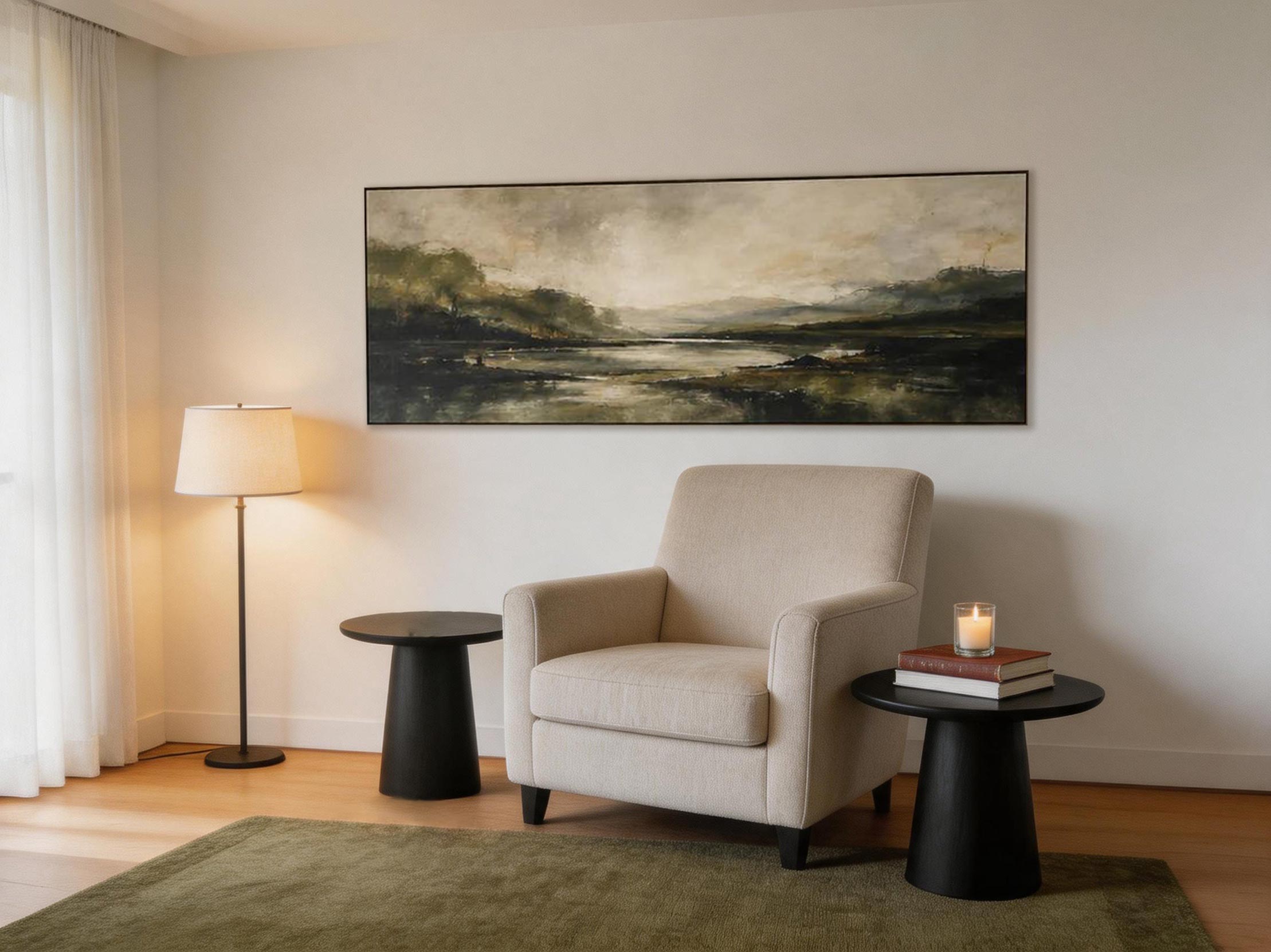 Still Waters — Moody Landscape Canvas Wall Art in Olive & Ivory #MA038