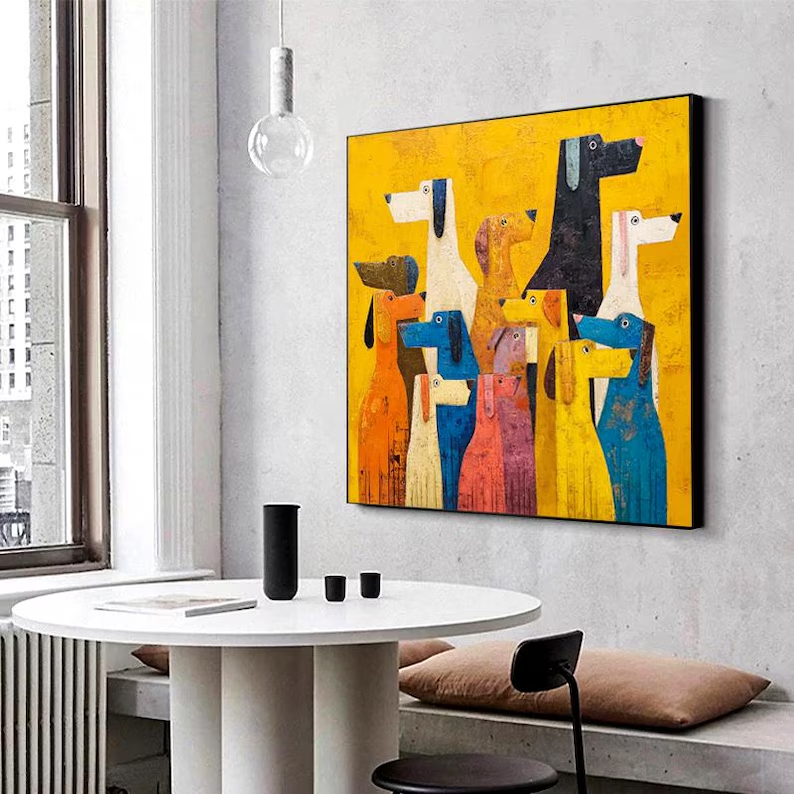 Abstract Colorful Dogs Canvas Painting — Original Whimsical Animal Wall Art #CP037