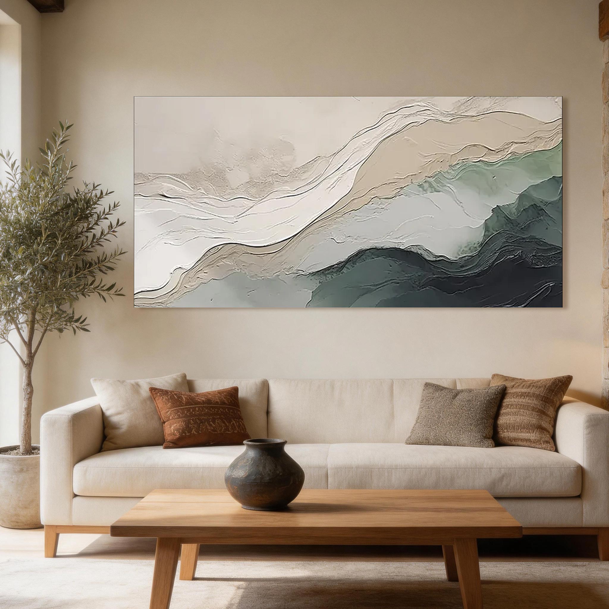 Tidal Layers — Abstract Landscape Canvas Art, Ivory & Sage Teal #AB020