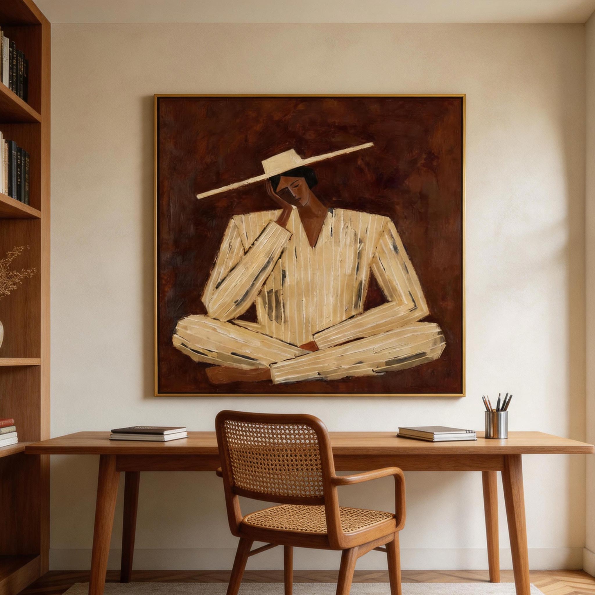 Still — Seated Figure in Wide Hat Canvas Wall Art, Ochre & Oxblood #CP058