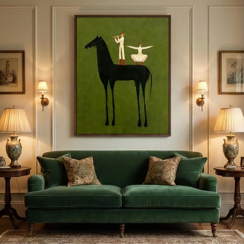 Minimalist Black Horse Wall Art – Artistic Equestrian Canvas with Dancing Figures #HA022