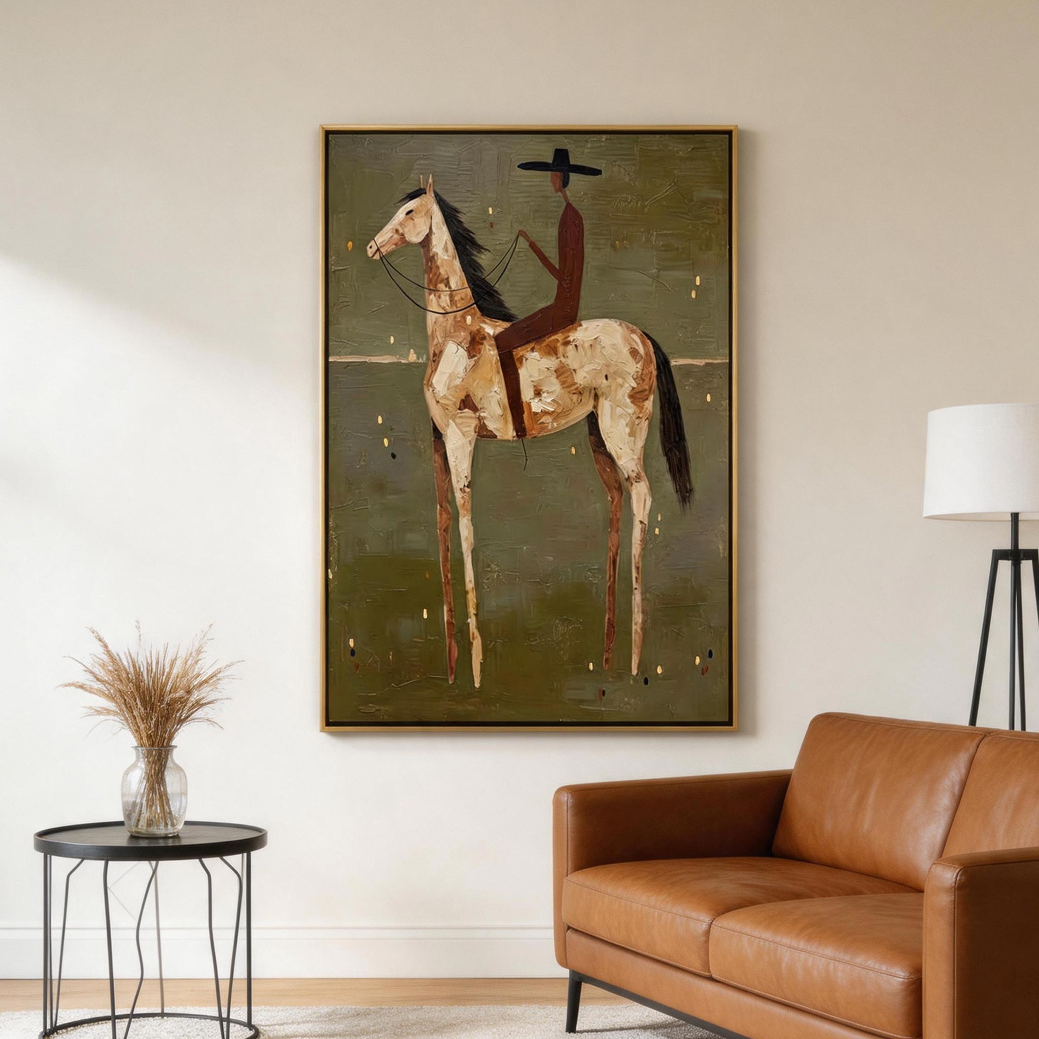 Paint Horse Rider — Folk Art Equestrian Canvas Wall Art, Olive #HA042
