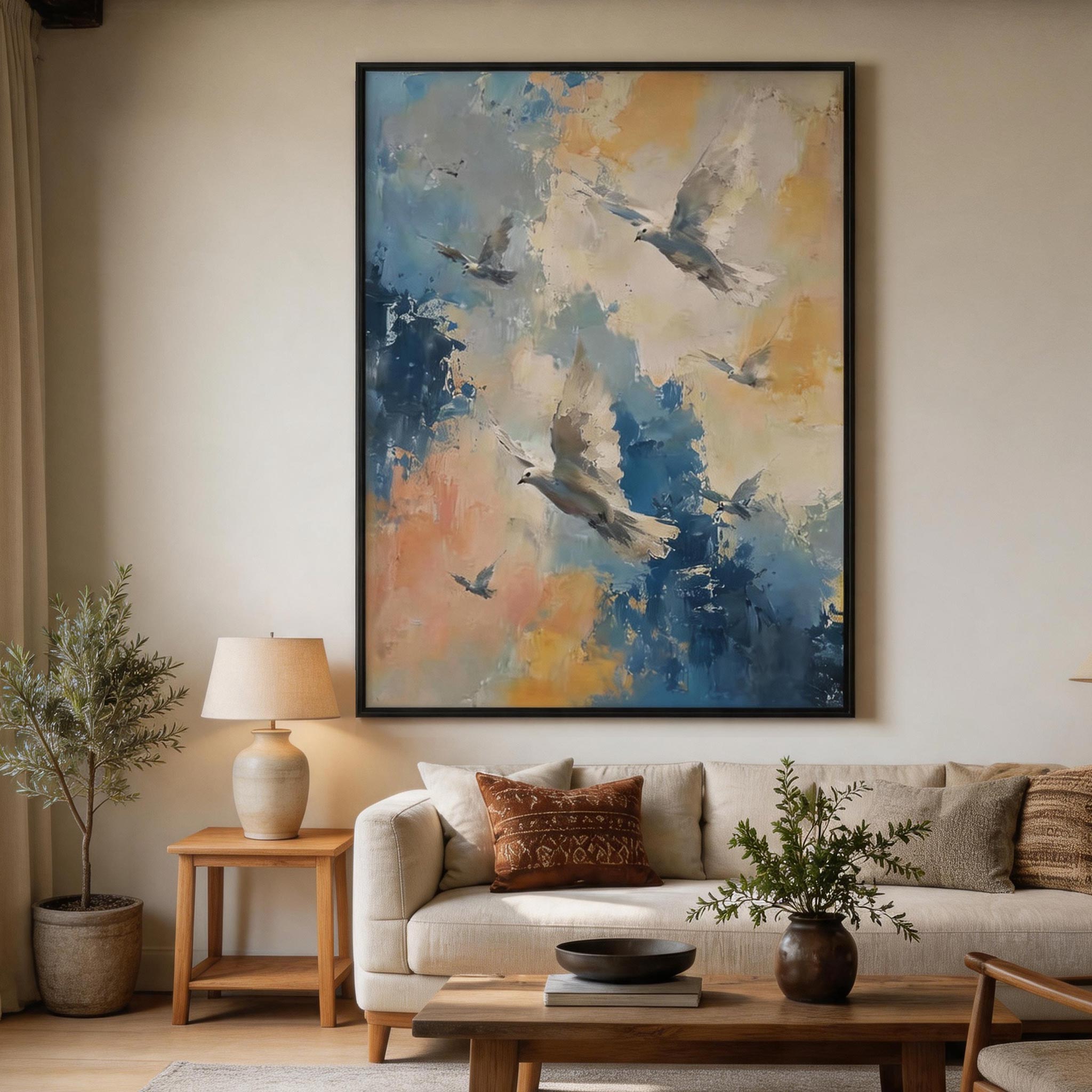 Taking Flight — Abstract Birds Canvas Wall Art in Blue & Gold #AB017