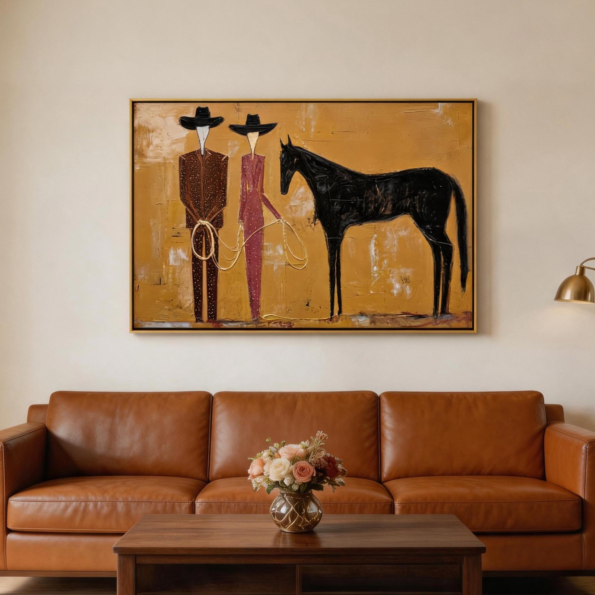 The Ranchers — Two Figures & Black Horse Canvas Wall Art #HA044