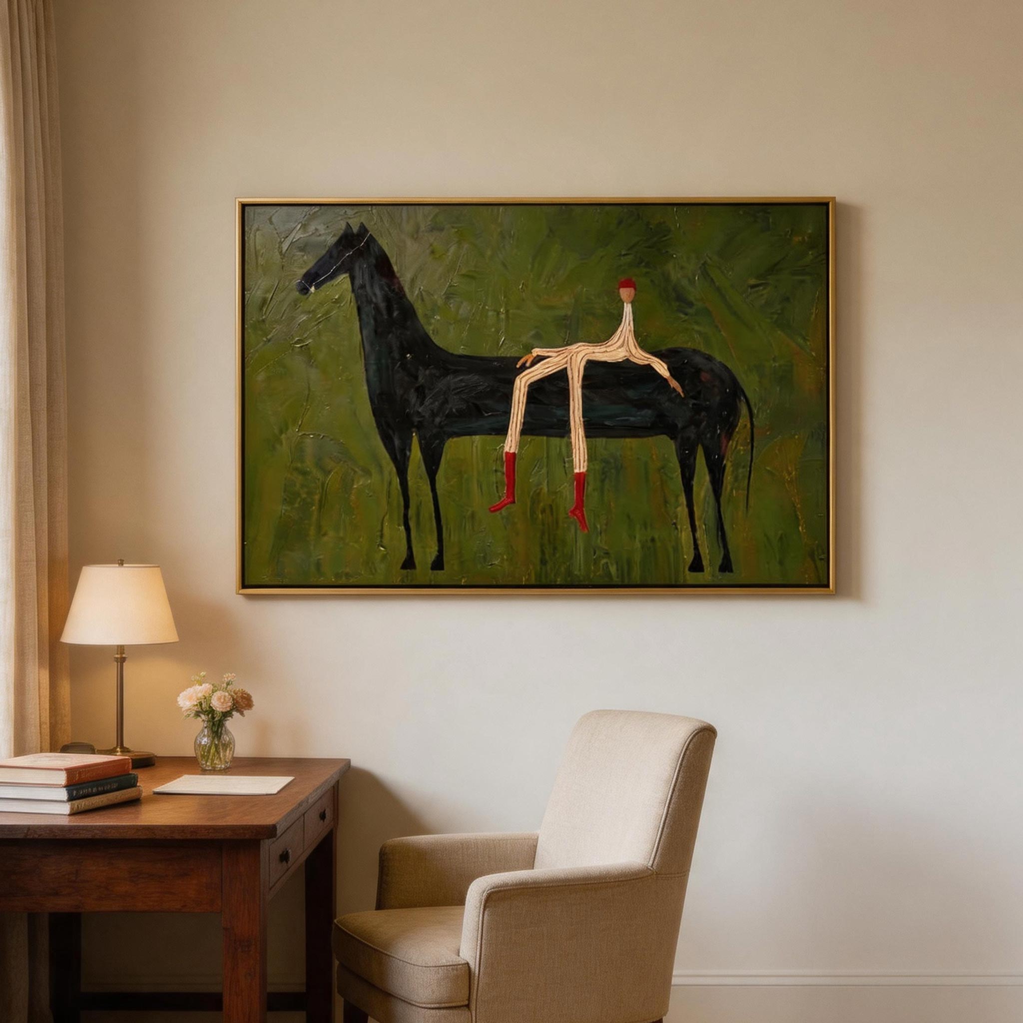 Red Socks — Stick Figure Rider & Black Horse Canvas Wall Art #HA043