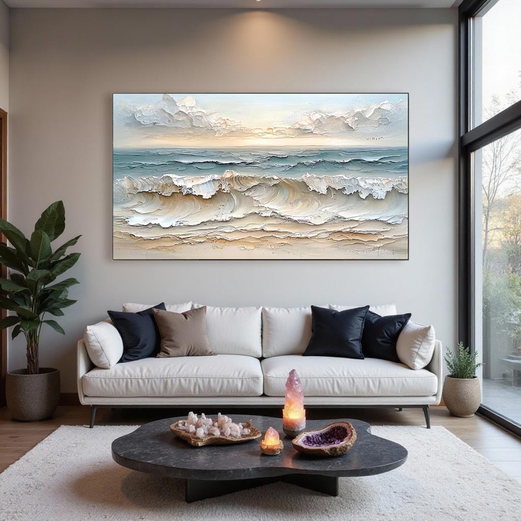 Textured Ocean Wave Wall Art Canvas – Soft Neutral Coastal Seascape Painting #GT002