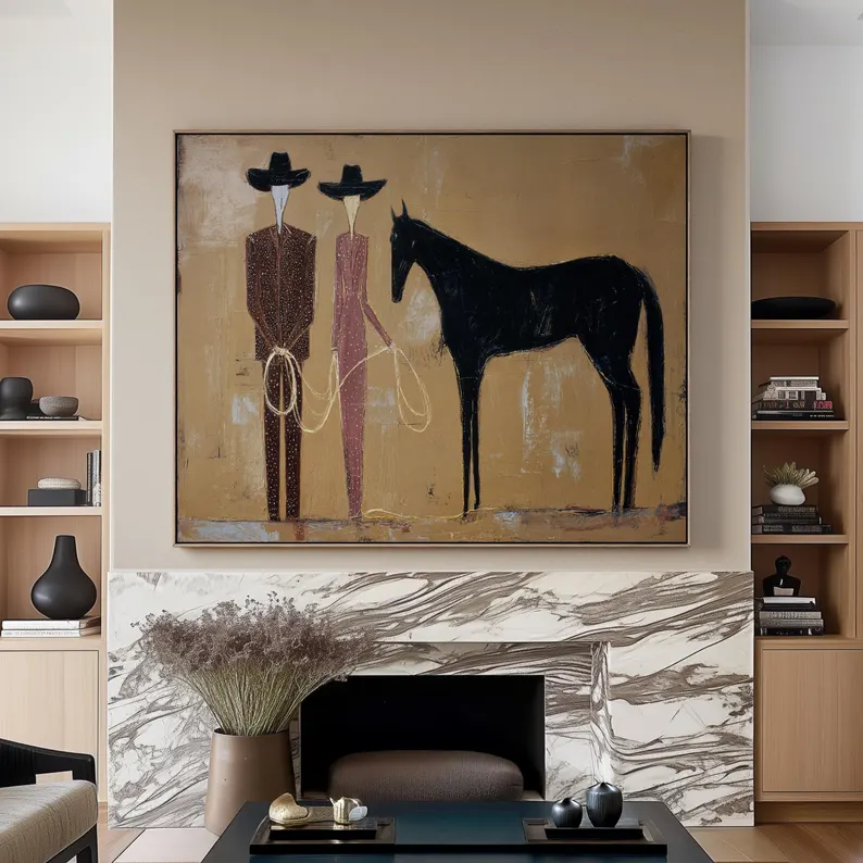 Abstract Cowboy Couple & Horse Wall Art – Western Style Canvas Painting #HA018