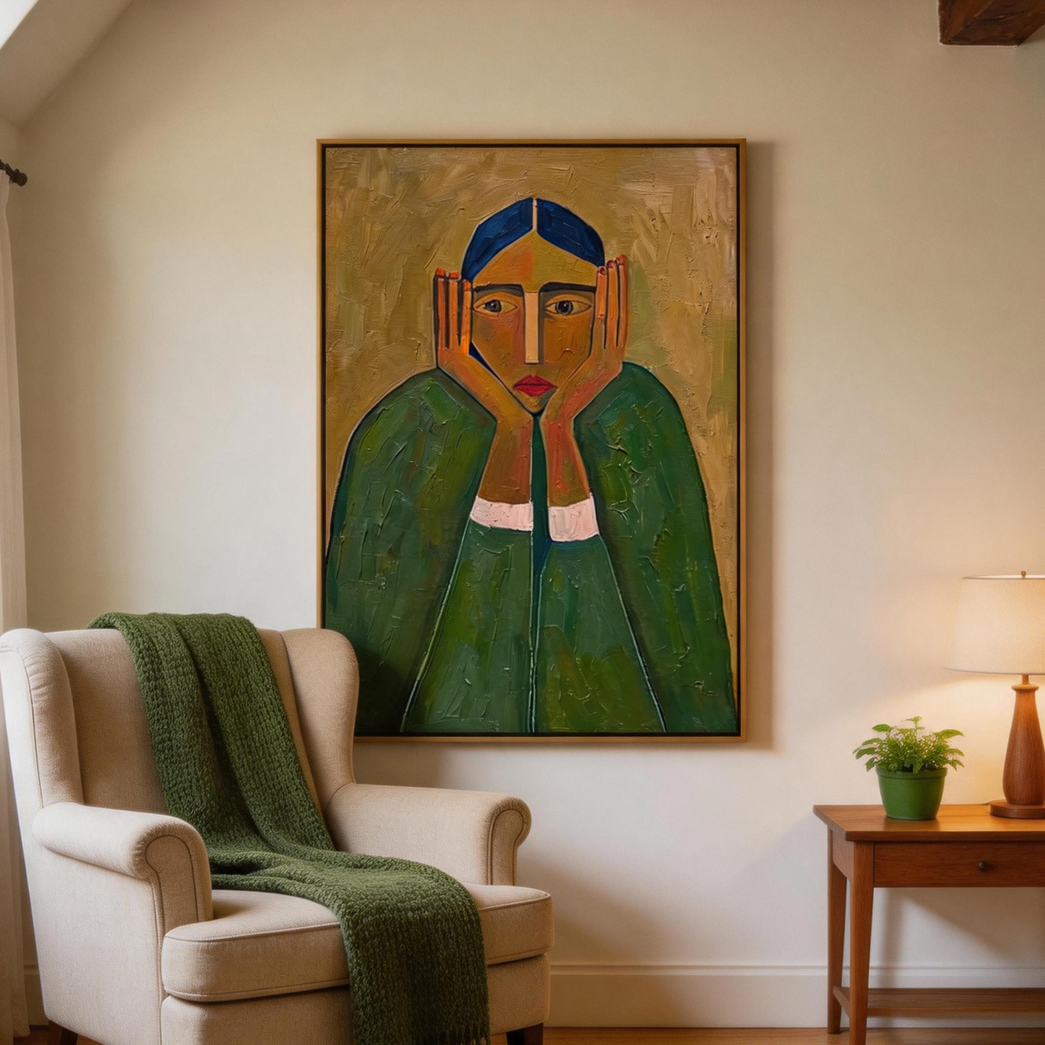 Seen — Frontal Woman Portrait Canvas Wall Art, Green & Gold #GT011