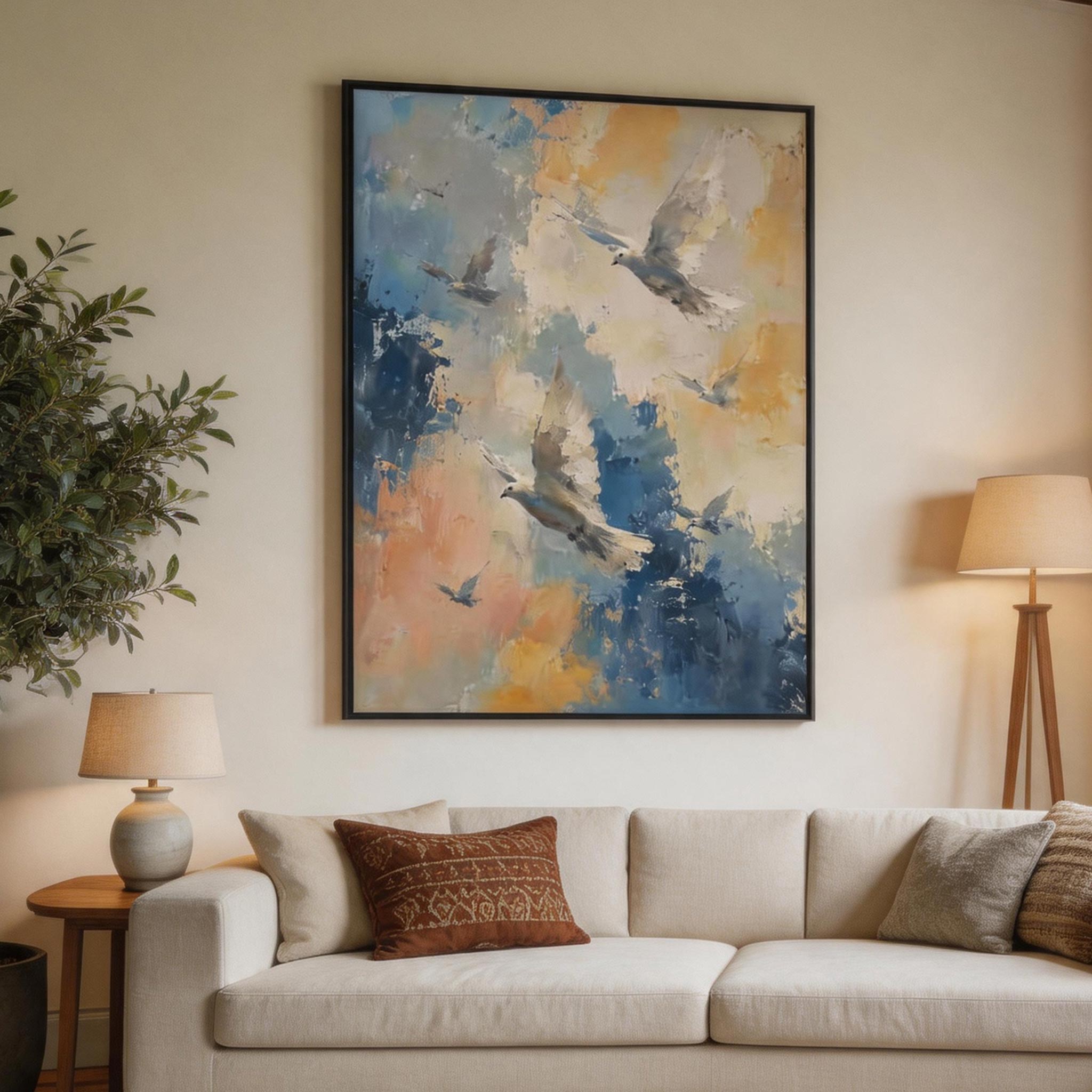 Taking Flight — Abstract Birds Canvas Wall Art in Blue & Gold #AB017