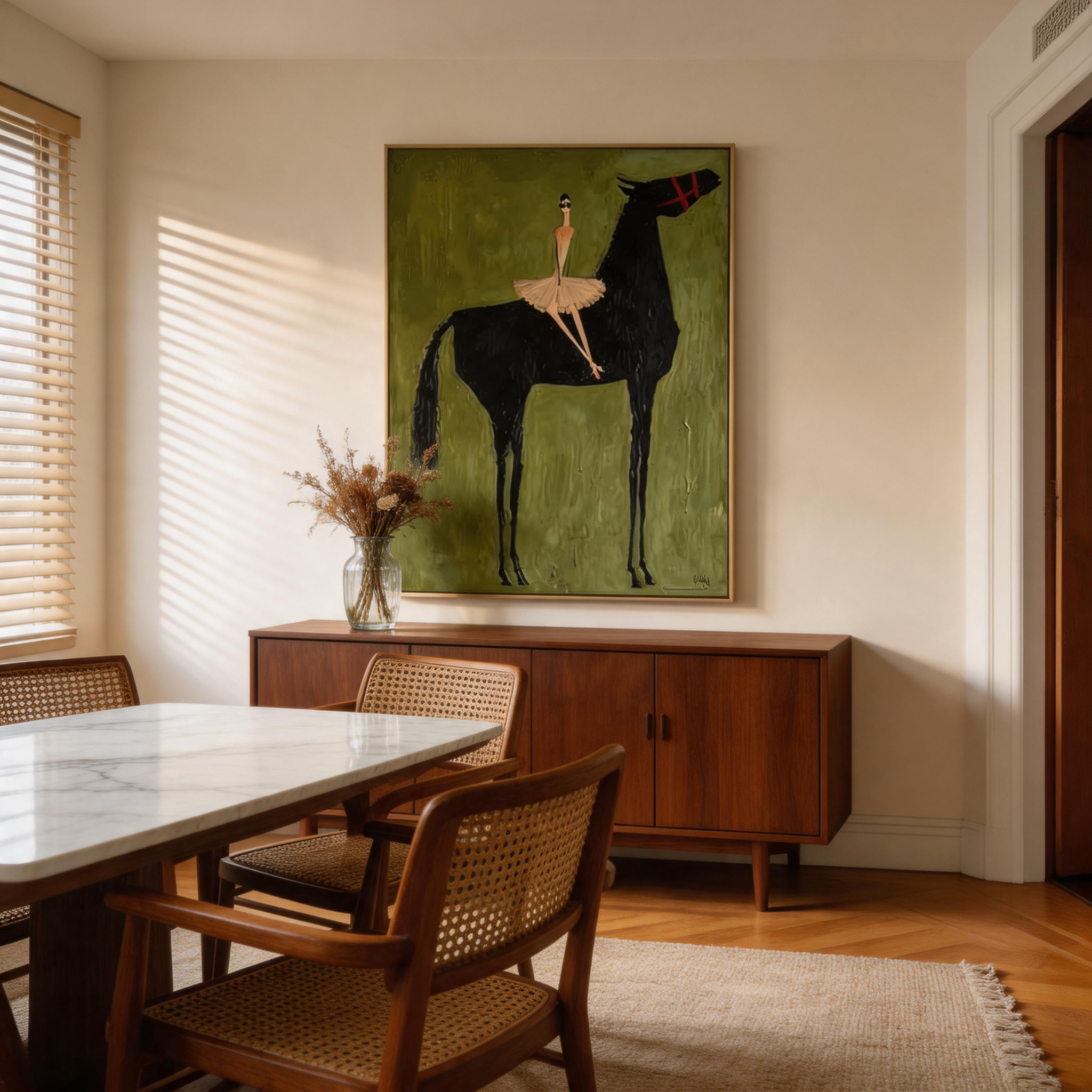 The Ballerina & the Black Horse — Whimsical Folk Art Canvas Wall Art #HA030
