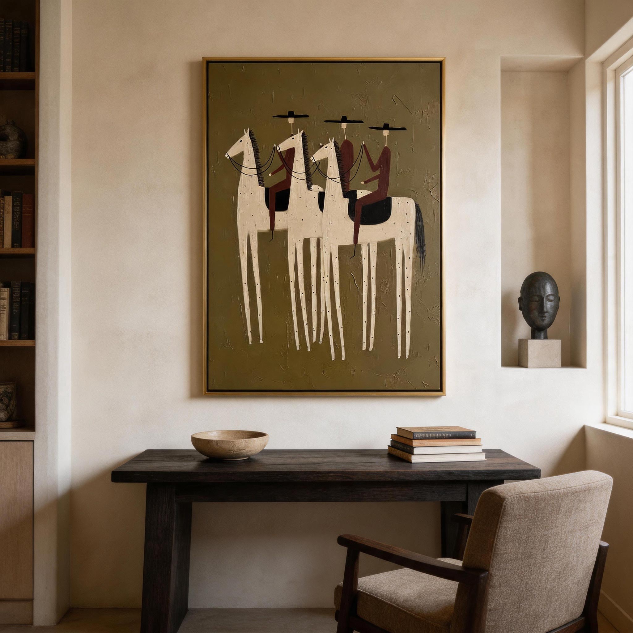 The Three Riders — Folk Art Equestrian Canvas Wall Art, Olive #HA045