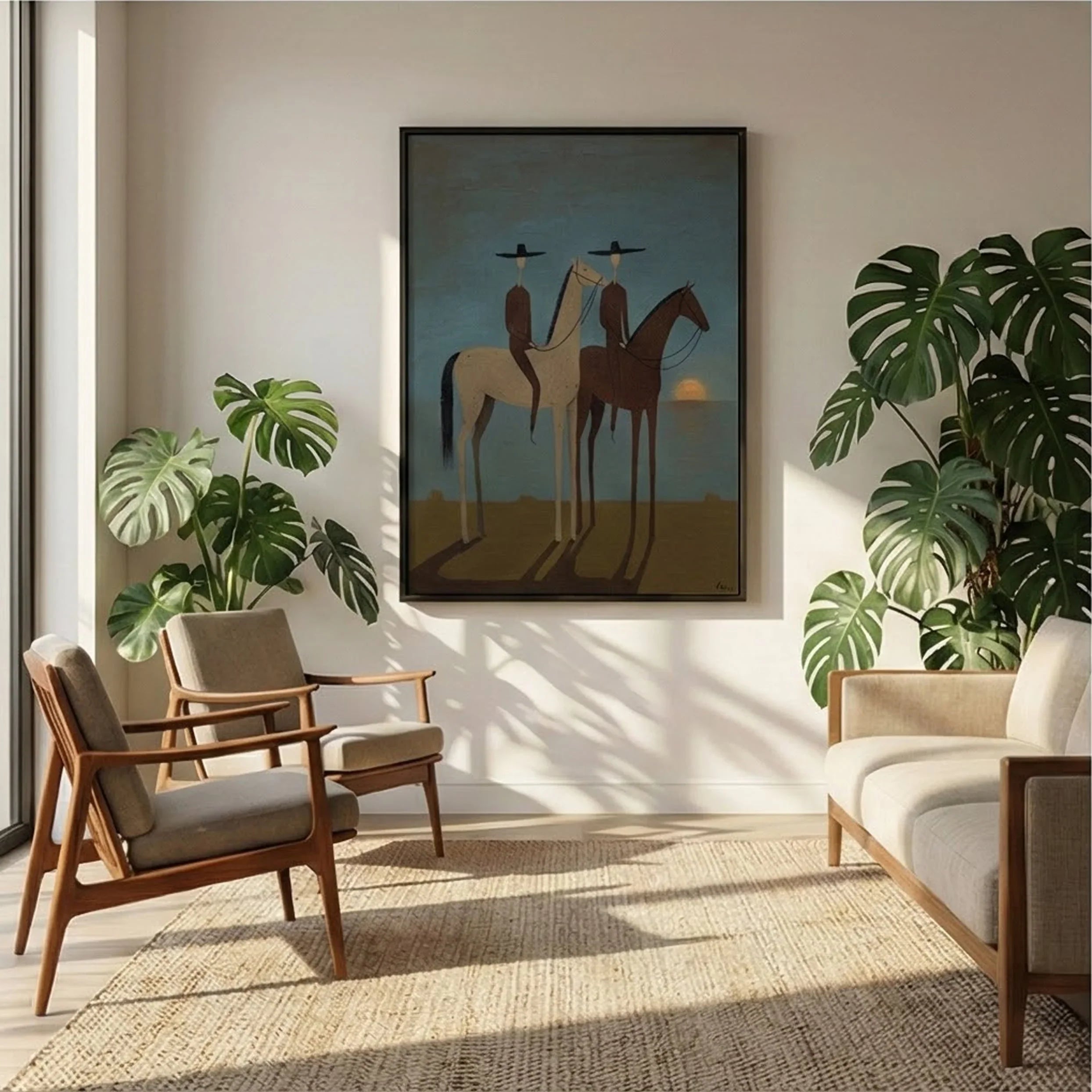 SunSet Horse Riders Wall Art – Modern Equestrian Canvas Painting #HA200