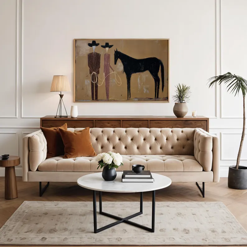 Abstract Cowboy Couple & Horse Wall Art – Western Style Canvas Painting #HA018