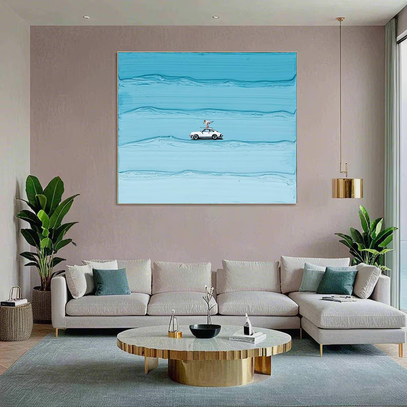 Open Road Textured Canvas Wall Art — Minimalist Car Painting on Sky Blue #PP004