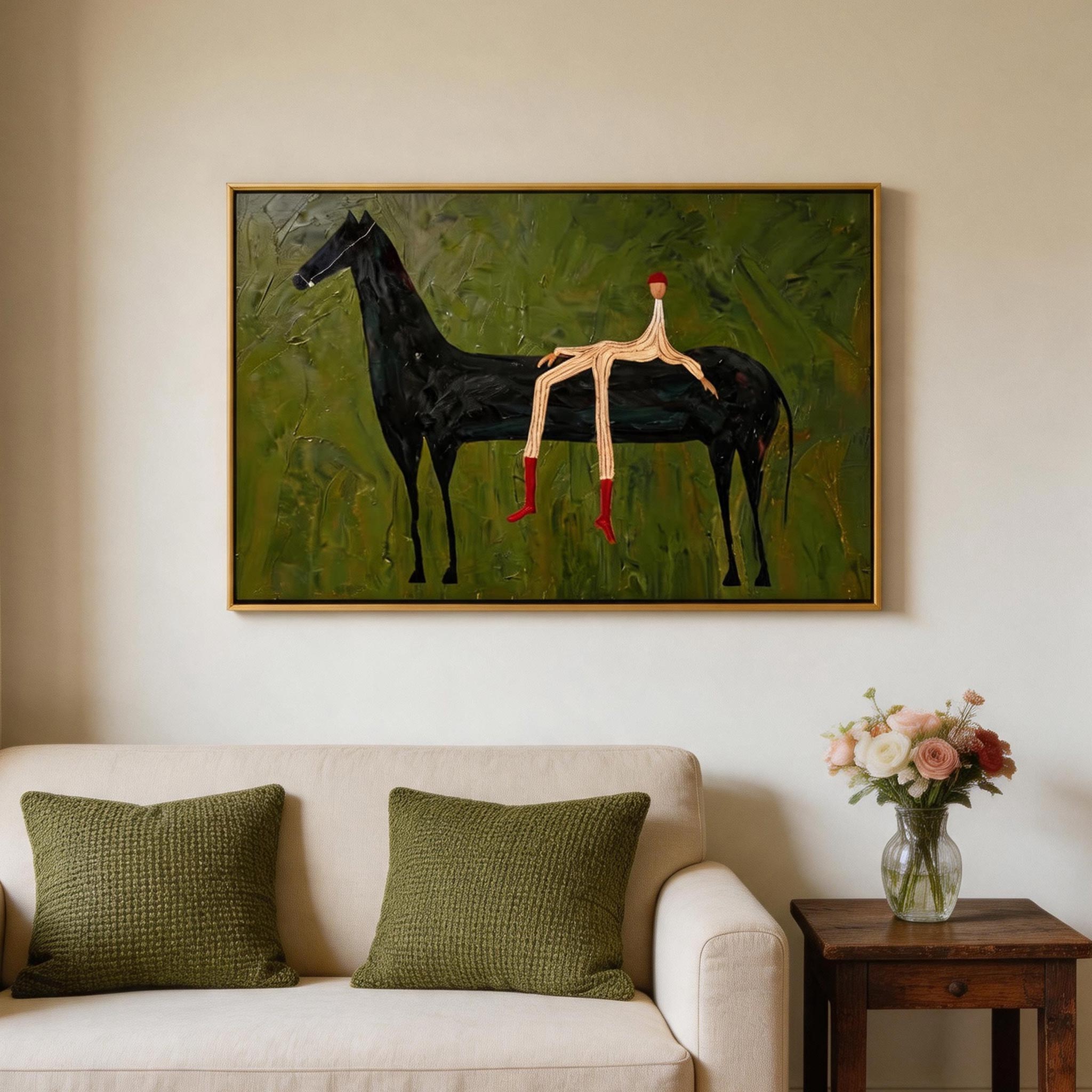 Red Socks — Stick Figure Rider & Black Horse Canvas Wall Art #HA043
