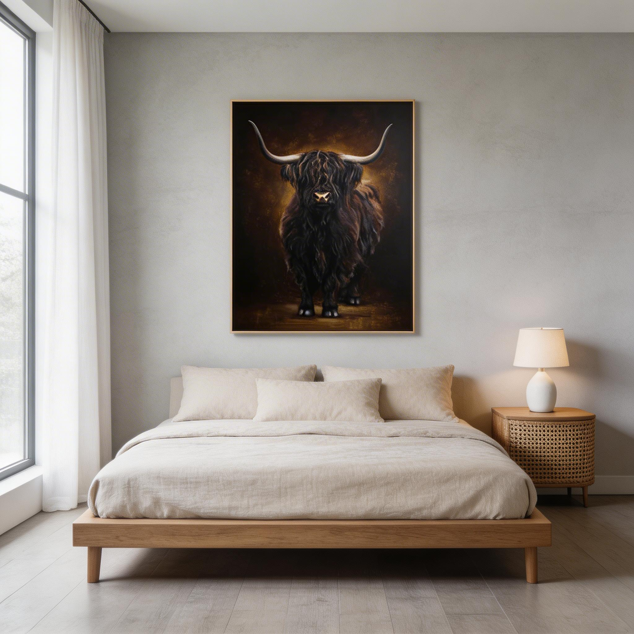 Highland Cow Wall Art – Dark Rustic Animal Canvas Painting #CP023