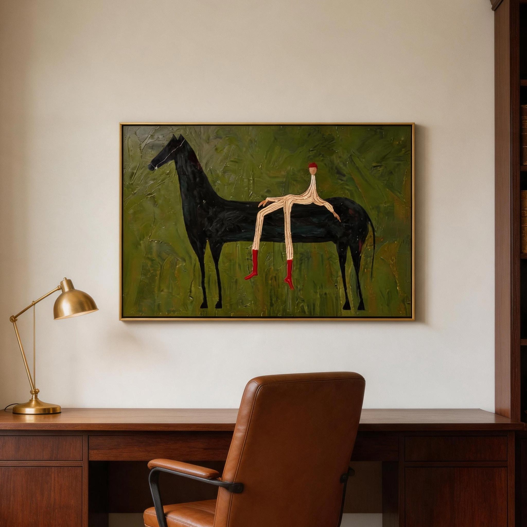 Red Socks — Stick Figure Rider & Black Horse Canvas Wall Art #HA043