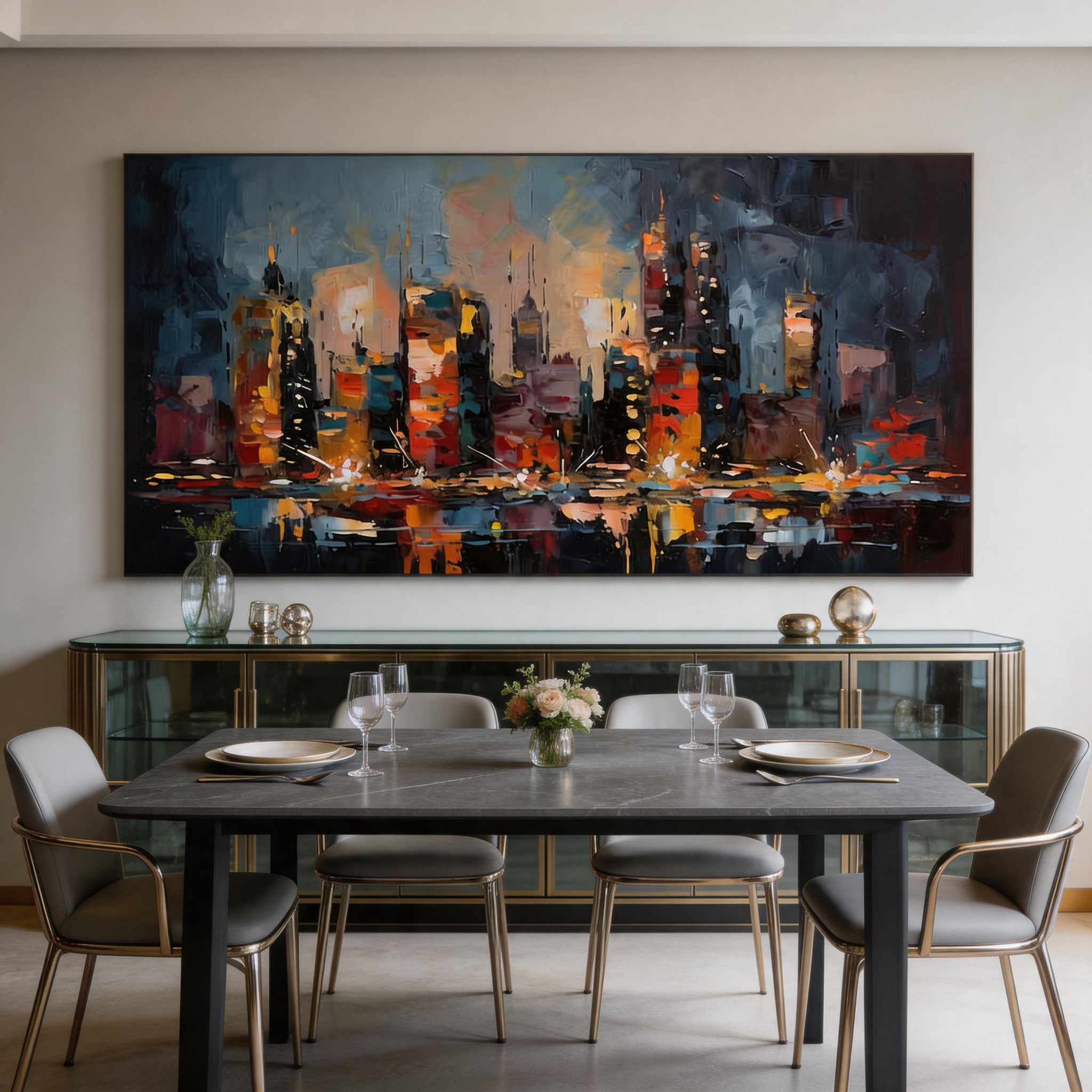 City on Fire — Abstract Night Skyline Impasto Canvas Wall Art #ML002