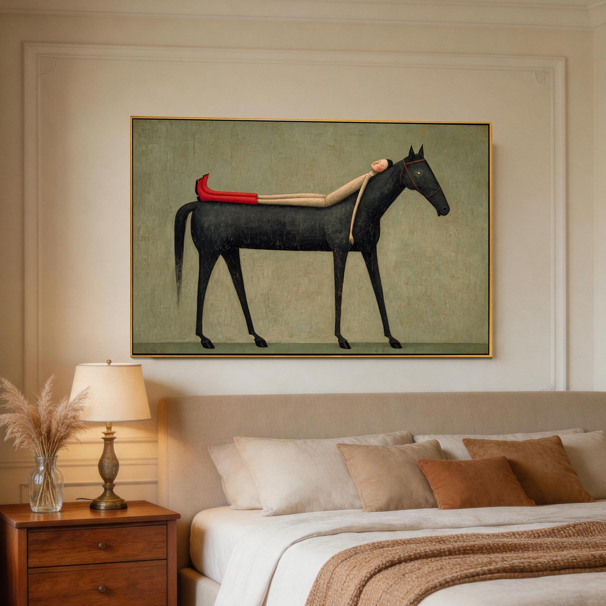 Carried — Woman & Black Horse Surrealist Canvas Wall Art #HA040
