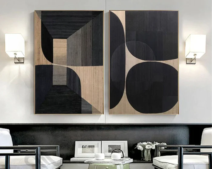 Black Plaster Art Minimalist Textured Painting Set of 2 #BT017