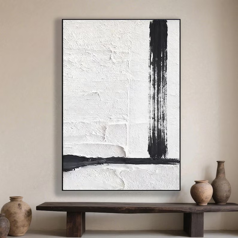 Black & White Minimalist Textured Canvas Painting — Original Large Abstract Wall Art #CP038