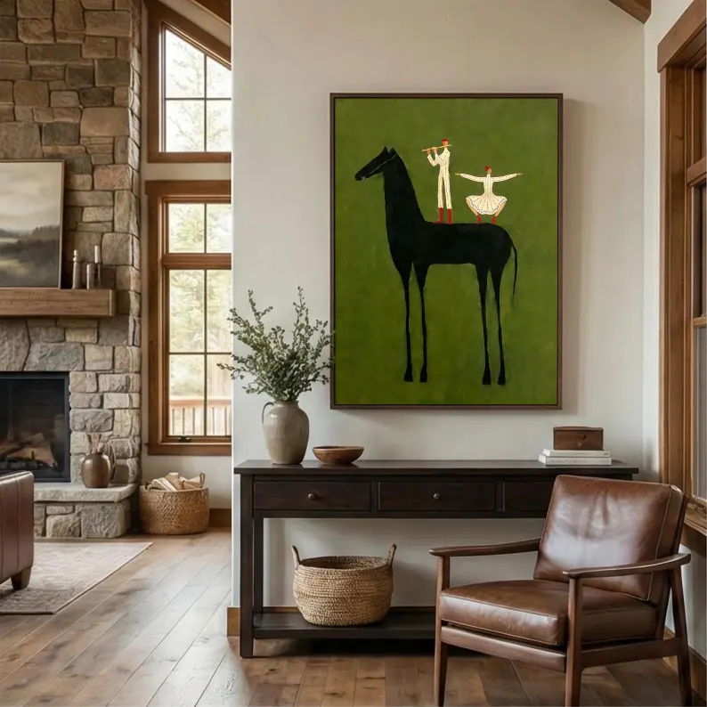 Minimalist Black Horse Wall Art – Artistic Equestrian Canvas with Dancing Figures #HA022