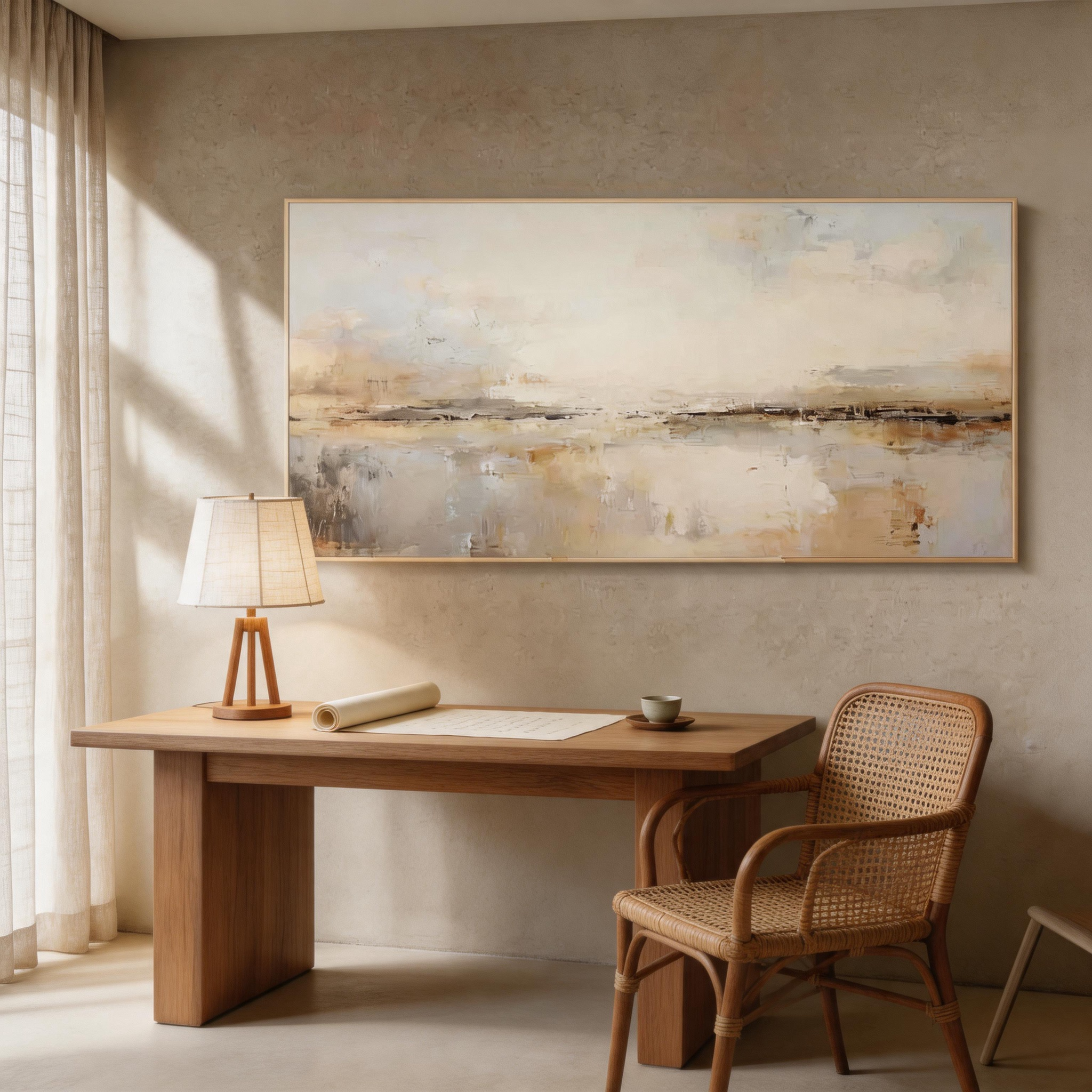 Soft Horizon — Abstract Landscape Canvas Wall Art in Warm Sand & Silver #CP047