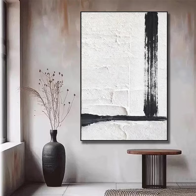 Black & White Minimalist Textured Canvas Painting — Original Large Abstract Wall Art #CP038