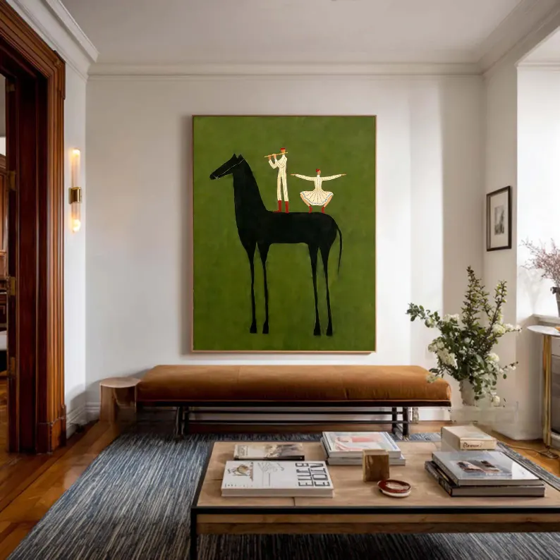 Minimalist Black Horse Wall Art – Artistic Equestrian Canvas with Dancing Figures #HA022
