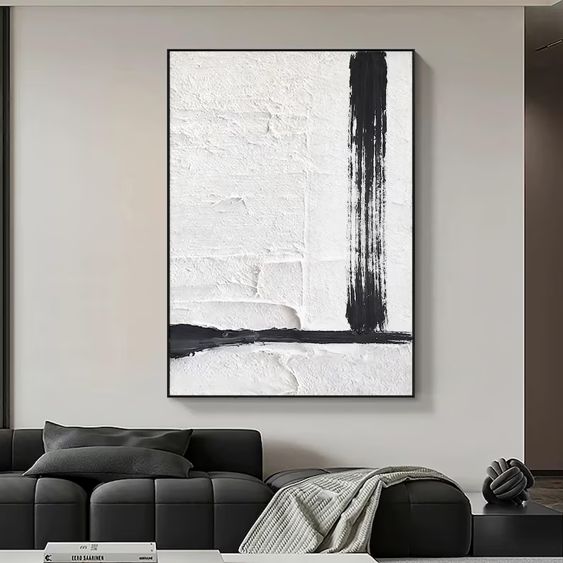 Black & White Minimalist Textured Canvas Painting — Original Large Abstract Wall Art #CP038