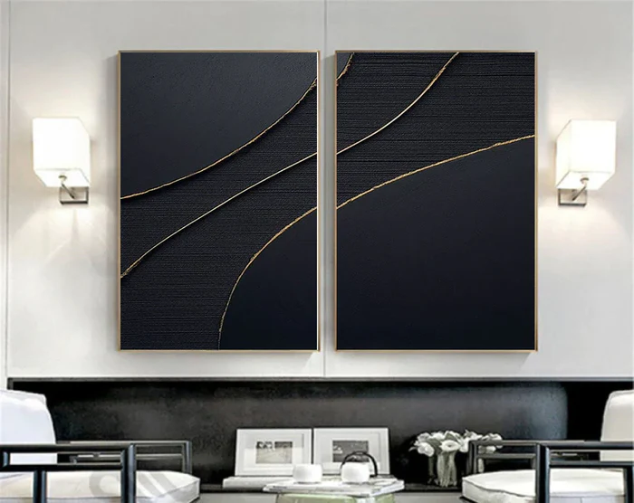 Black Plaster Art Minimalist Textured Painting Set of 2 #BT012
