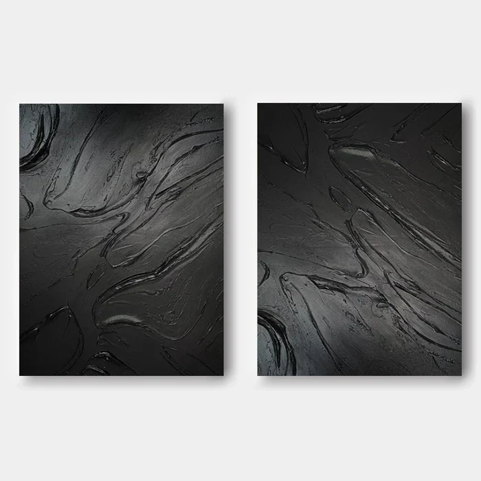 Black Plaster Art Minimalist Textured Painting Set of 2 #BT010