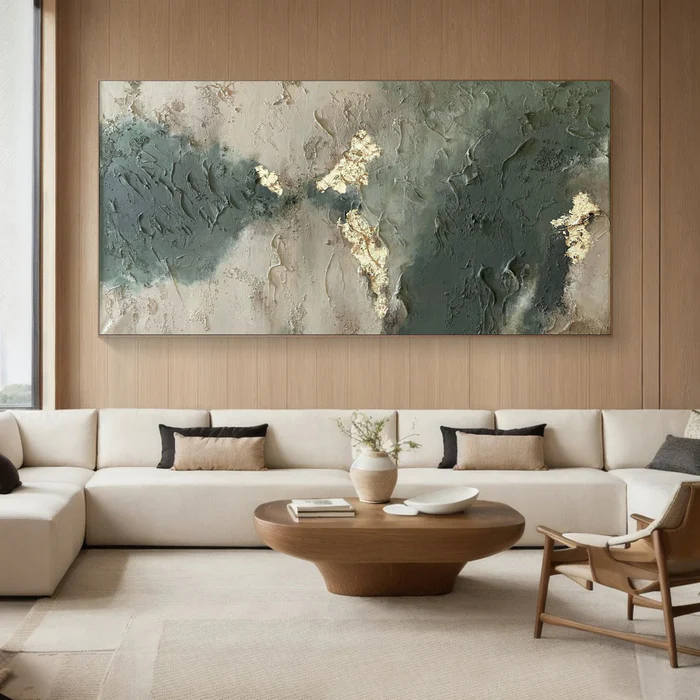 Sage & Gold — Luxury Textured Abstract Canvas Wall Art with Gold Leaf Detail #SG001