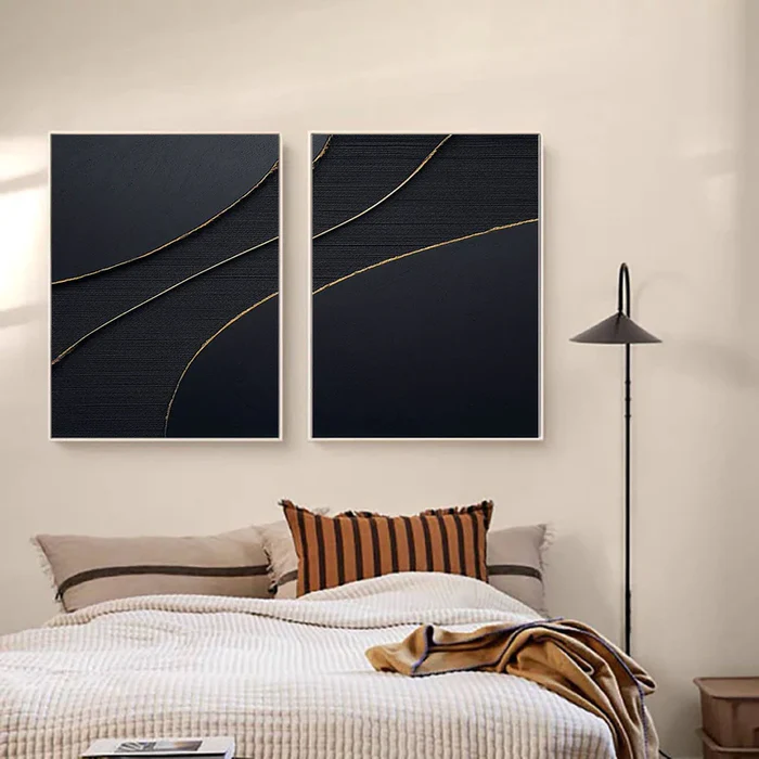Black Plaster Art Minimalist Textured Painting Set of 2 #BT012