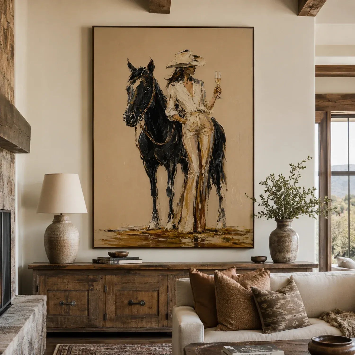 Champagne Cowgirl & Black Horse Original Hand-Painted Oil Painting #WW008