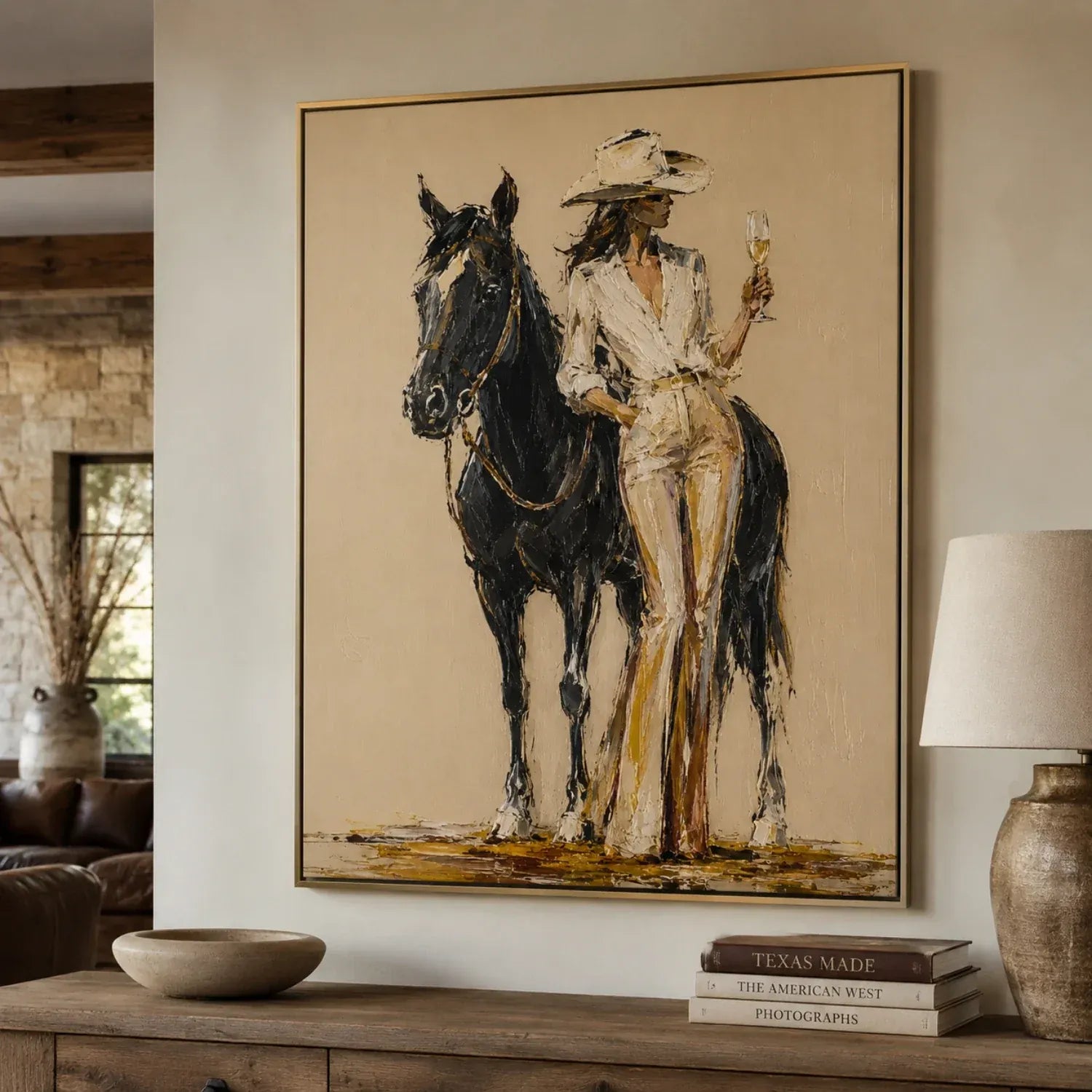 Champagne Cowgirl & Black Horse Original Hand-Painted Oil Painting #WW008