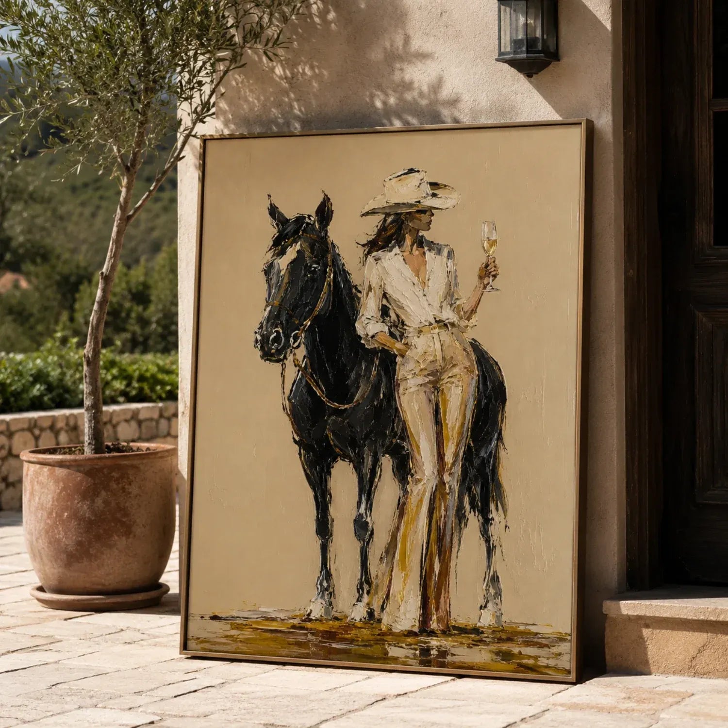 Champagne Cowgirl & Black Horse Original Hand-Painted Oil Painting #WW008