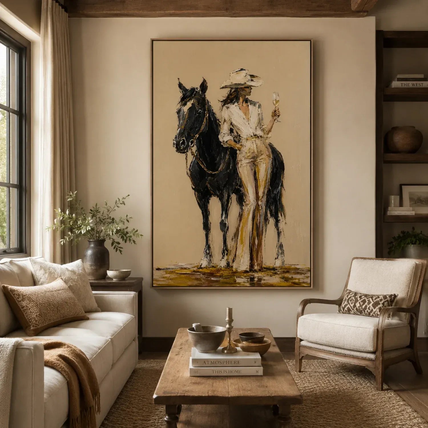 Champagne Cowgirl & Black Horse Original Hand-Painted Oil Painting #WW008