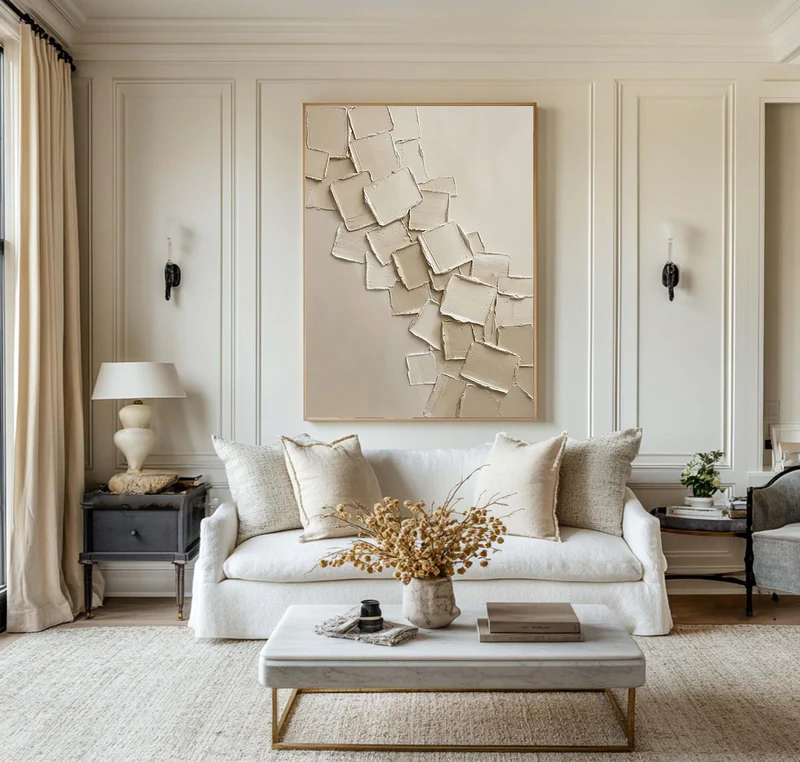 Cascade — Ivory Square Relief Impasto Canvas Wall Art on Warm Beige #CP053